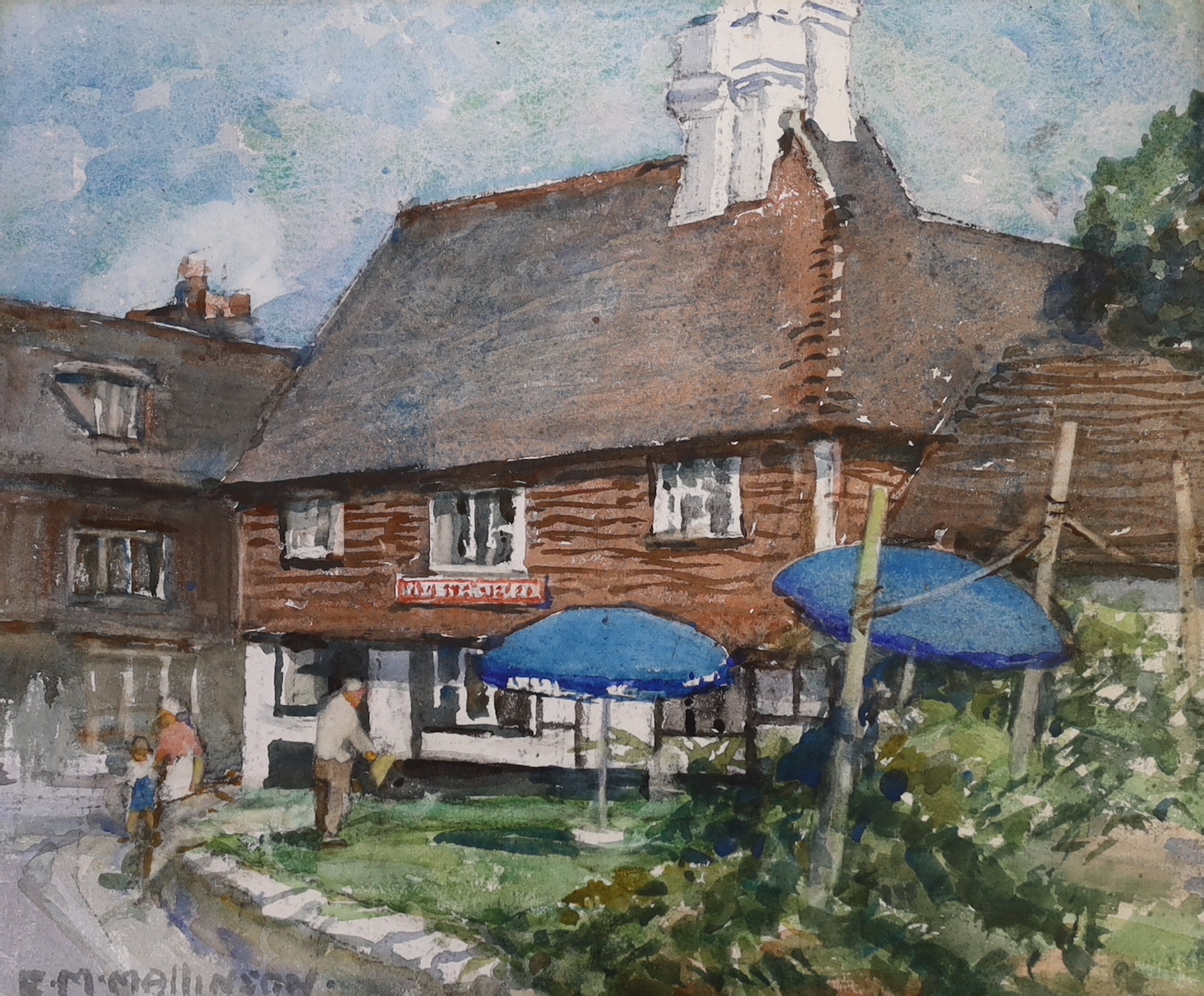 Ethel May Mallinson (1878 – 1970) Three watercolours, Kent Hop-pickers, The Ivy House and the Man of Kent in Tunbridge, each signed, largest 40 x 33cm